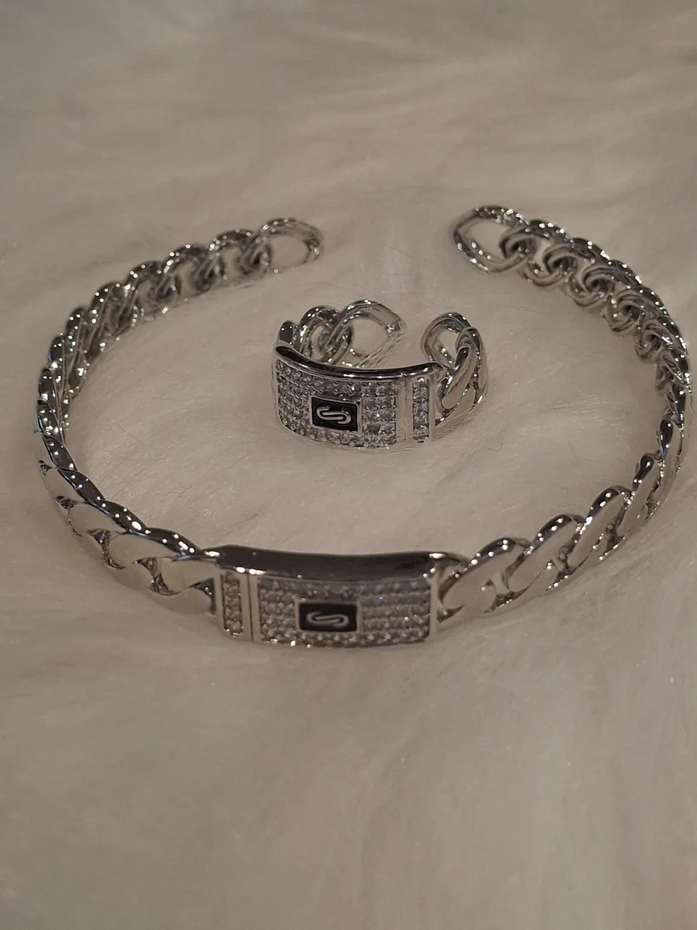Silver-Tone Men’s Chain Bracelet and Ring Set - Unbranded